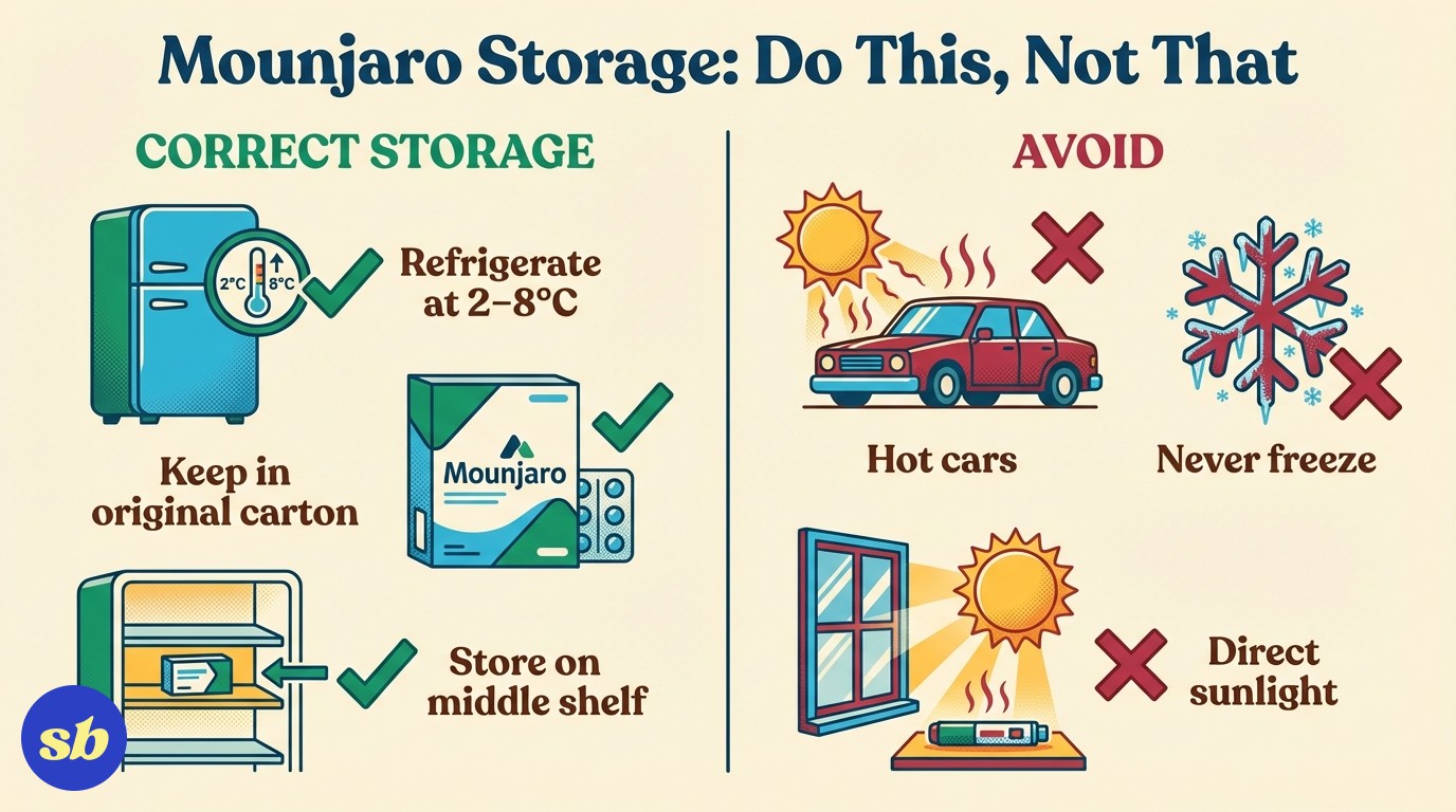 A comparison infographic showing correct Mounjaro storage on the left (fridge at 2-8°C, original box, middle shelf) versus incorrect storage on the right (hot car, sunny windowsill, freezer).