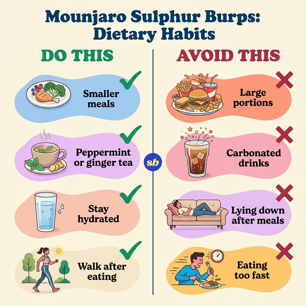 A comparison infographic showing helpful habits on the left (small meals, peppermint tea, water, walking) versus habits to avoid on the right (large portions, fizzy drinks, lying down after eating).