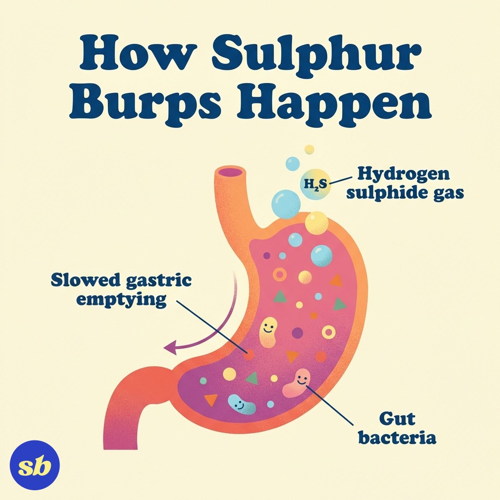 A simplified diagram showing a stomach with food inside, arrows indicating slowed movement, and small icons representing bacterial activity producing gas bubbles.