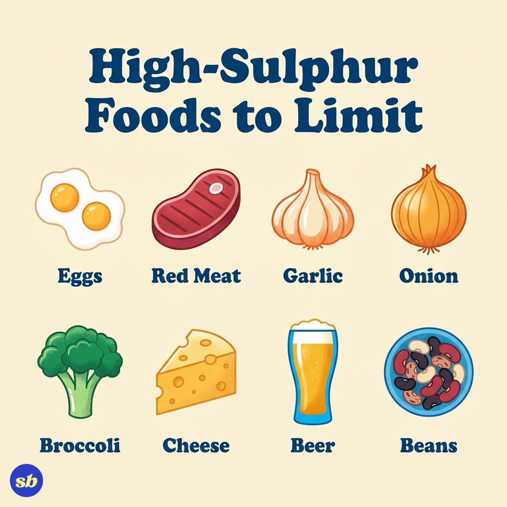 An infographic showing foods to limit for sulphur burps: eggs, red meat, garlic, onions, broccoli, cheese, and beer, each with a small icon.