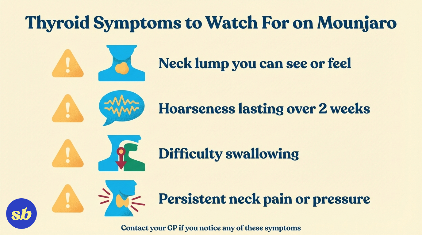 A checklist infographic showing thyroid cancer warning signs to watch for while taking Mounjaro: neck lump, persistent hoarseness, difficulty swallowing, and neck pain.
