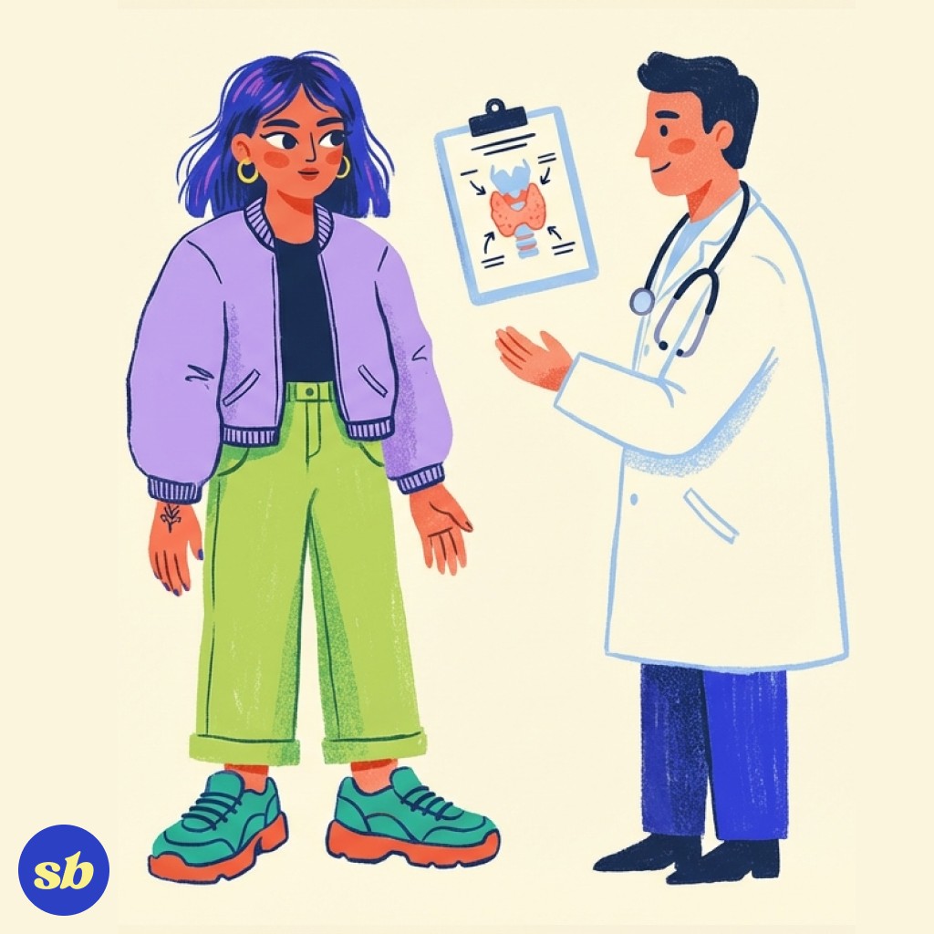 A person in bold streetwear having a thoughtful conversation with a friendly doctor figure, with a clipboard and thyroid diagram between them.