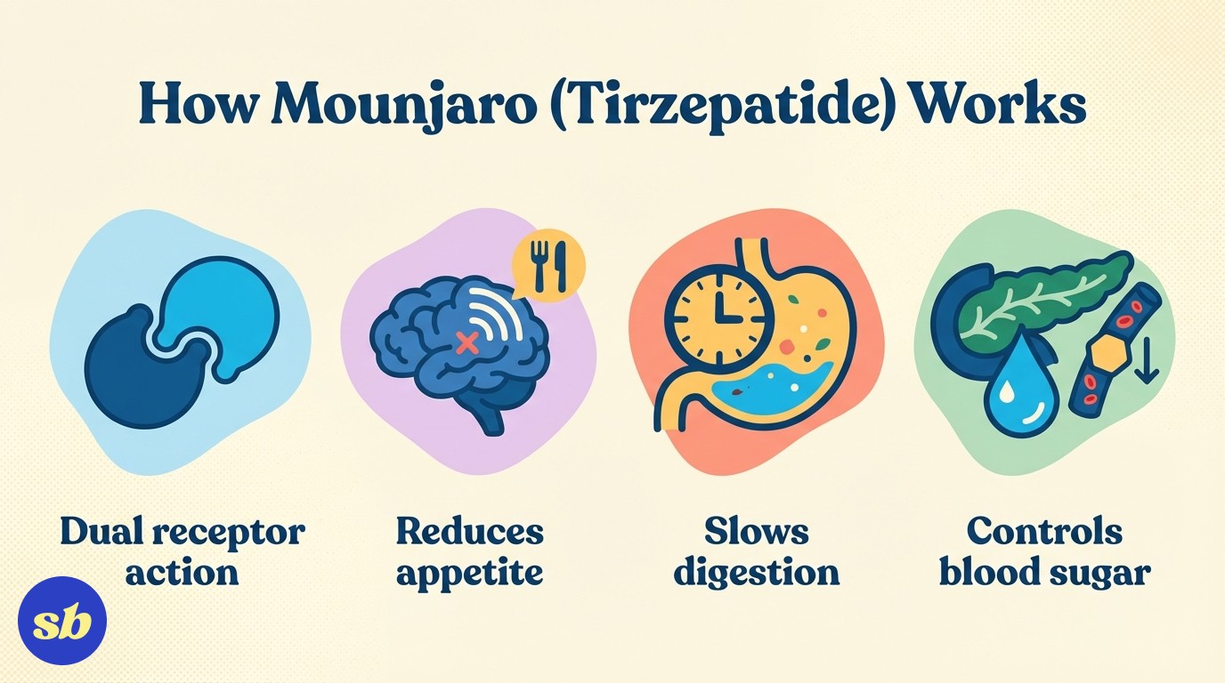 An infographic showing how tirzepatide works on two hormone receptors (GLP-1 and GIP) to regulate appetite and blood sugar, with icons for each mechanism.