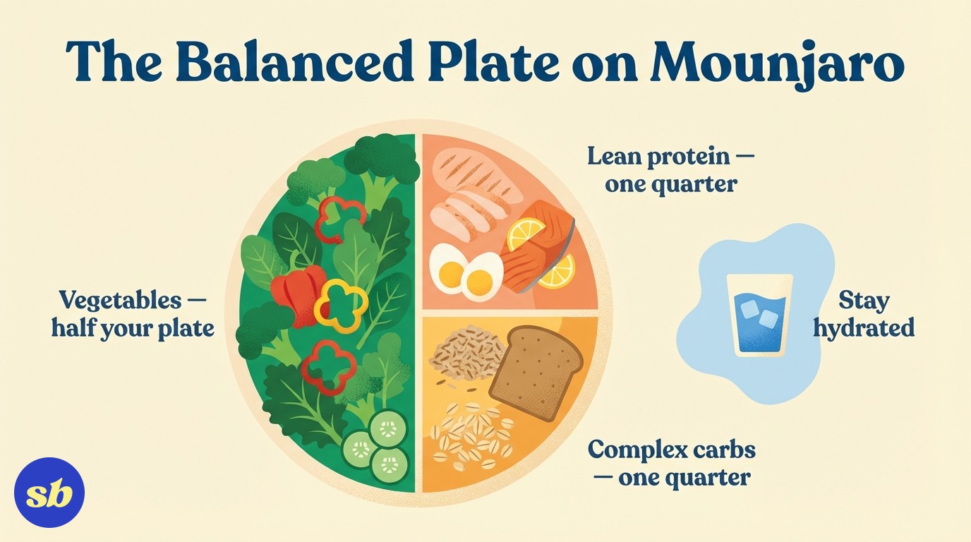 An infographic showing the balanced plate method: half vegetables, quarter lean protein, quarter complex carbs, with icons and labels for each section.