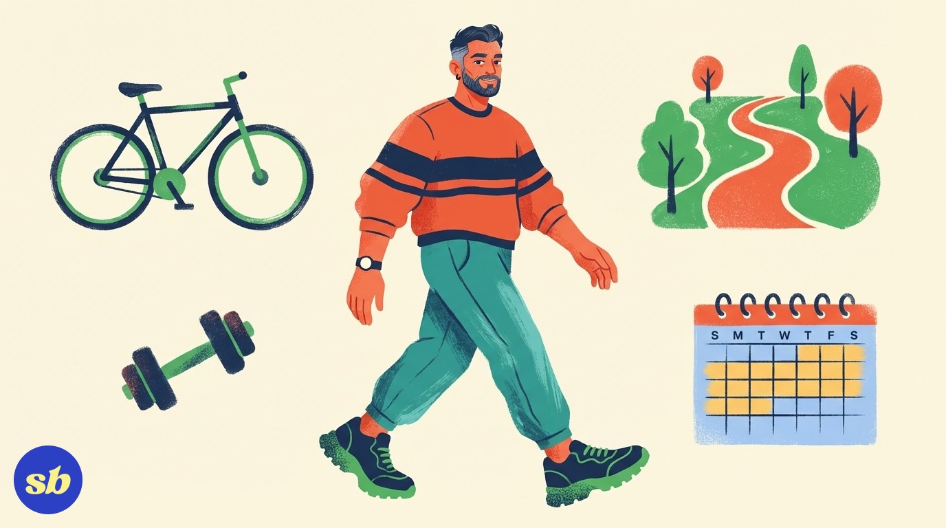 A man in his 40s in relaxed sportswear, surrounded by icons representing walking, cycling, and strength training, with a weekly schedule graphic.