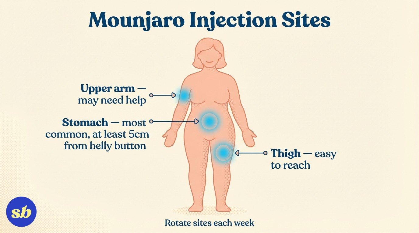 A body diagram showing the three Mounjaro injection sites: stomach, thigh, and upper arm, with labels indicating each site.