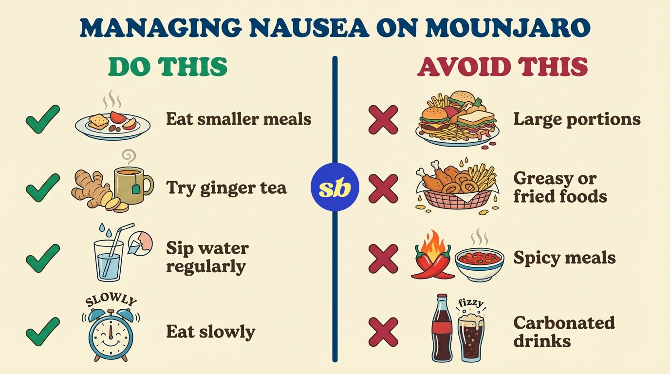 A comparison infographic showing foods and habits that help manage Mounjaro nausea versus those to avoid, with icons for each item.