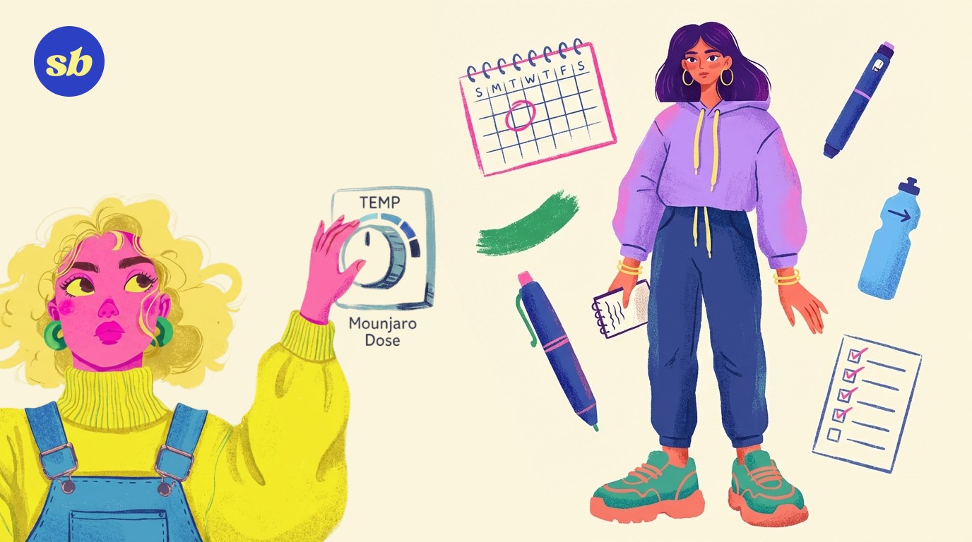 A woman in her 30s standing thoughtfully, surrounded by a calendar, a Mounjaro pen, a water bottle, and a small notebook, representing preparation for starting treatment.