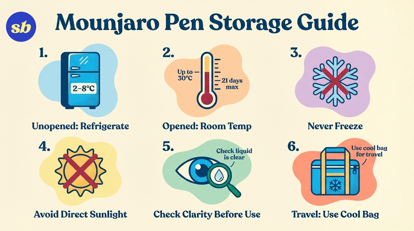 An infographic showing Mounjaro pen storage guidelines: fridge temperature range, room temperature limits, and items to avoid like direct sunlight and freezing.