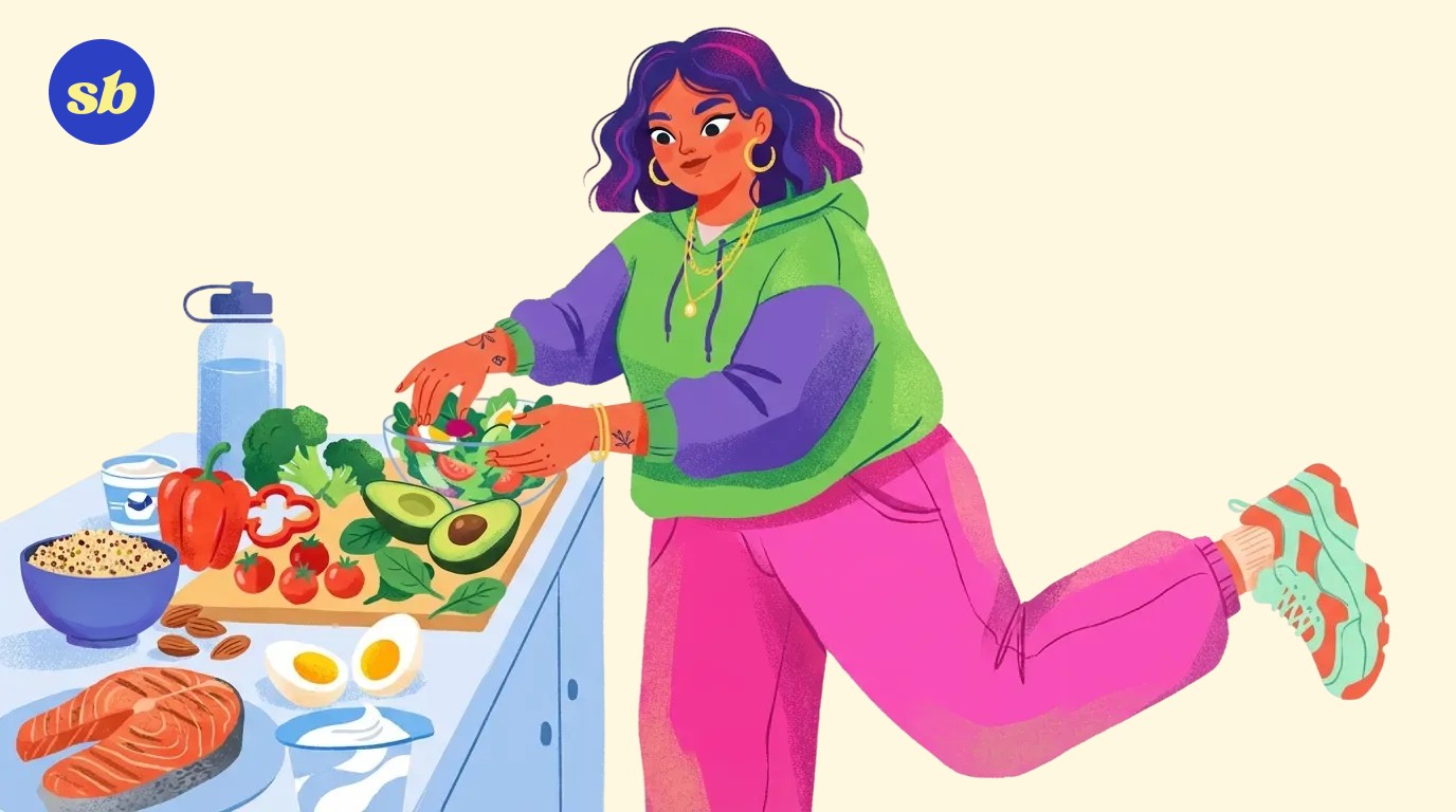 A person preparing a nutritious meal, surrounded by protein-rich foods, colourful vegetables, and a water bottle, representing balanced nutrition for energy.