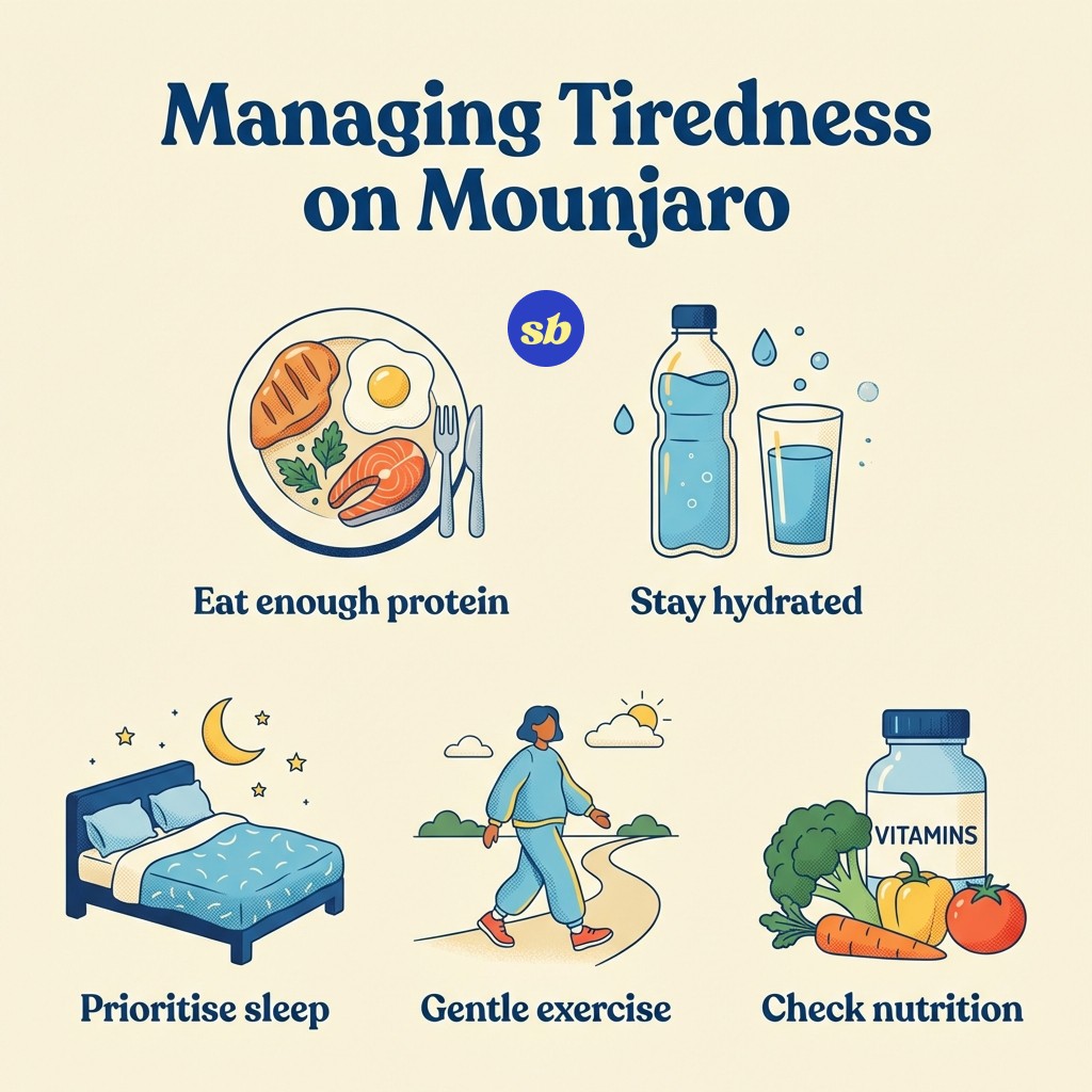 An infographic showing five tips for managing Mounjaro tiredness: eat enough protein, stay hydrated, prioritise sleep, gentle exercise, and check nutrition, each with a simple icon.