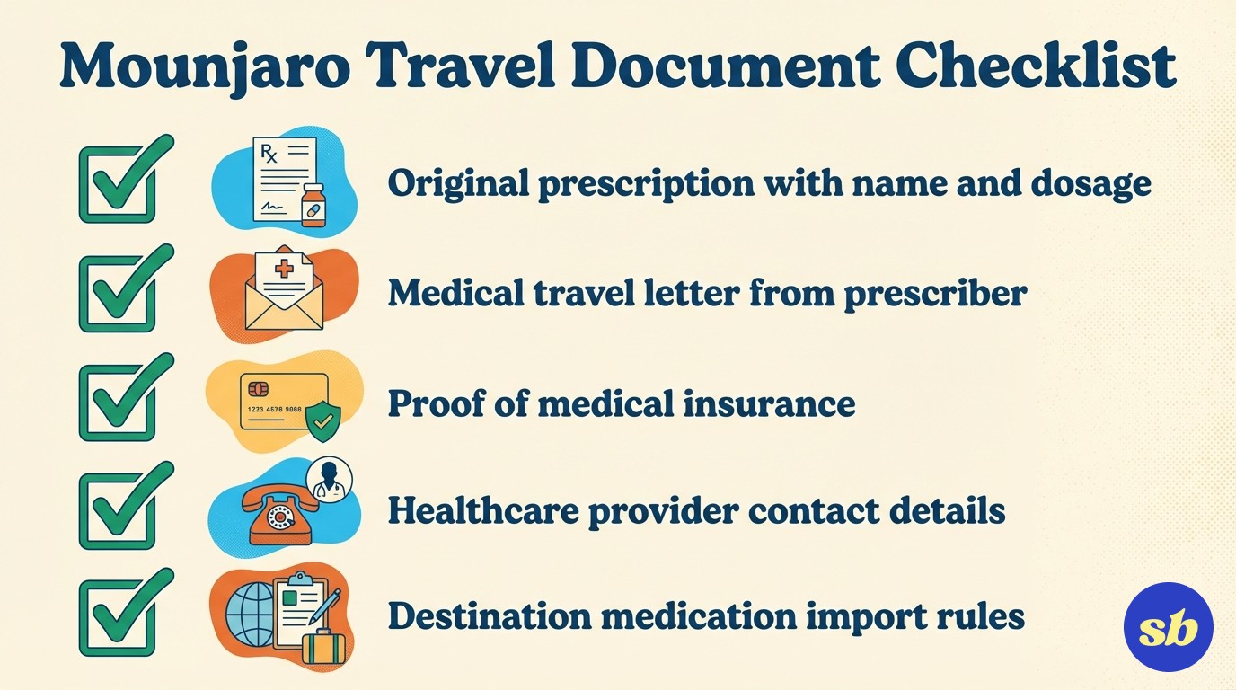 A checklist infographic showing five essential documents for travelling with Mounjaro: prescription, medical travel letter, insurance proof, provider contact details, and destination medication rules.