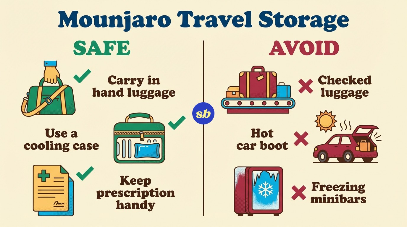 A comparison infographic showing safe versus unsafe ways to transport Mounjaro: hand luggage with cooling case on the safe side, and checked bags, hot cars, and hotel minibars on the unsafe side.