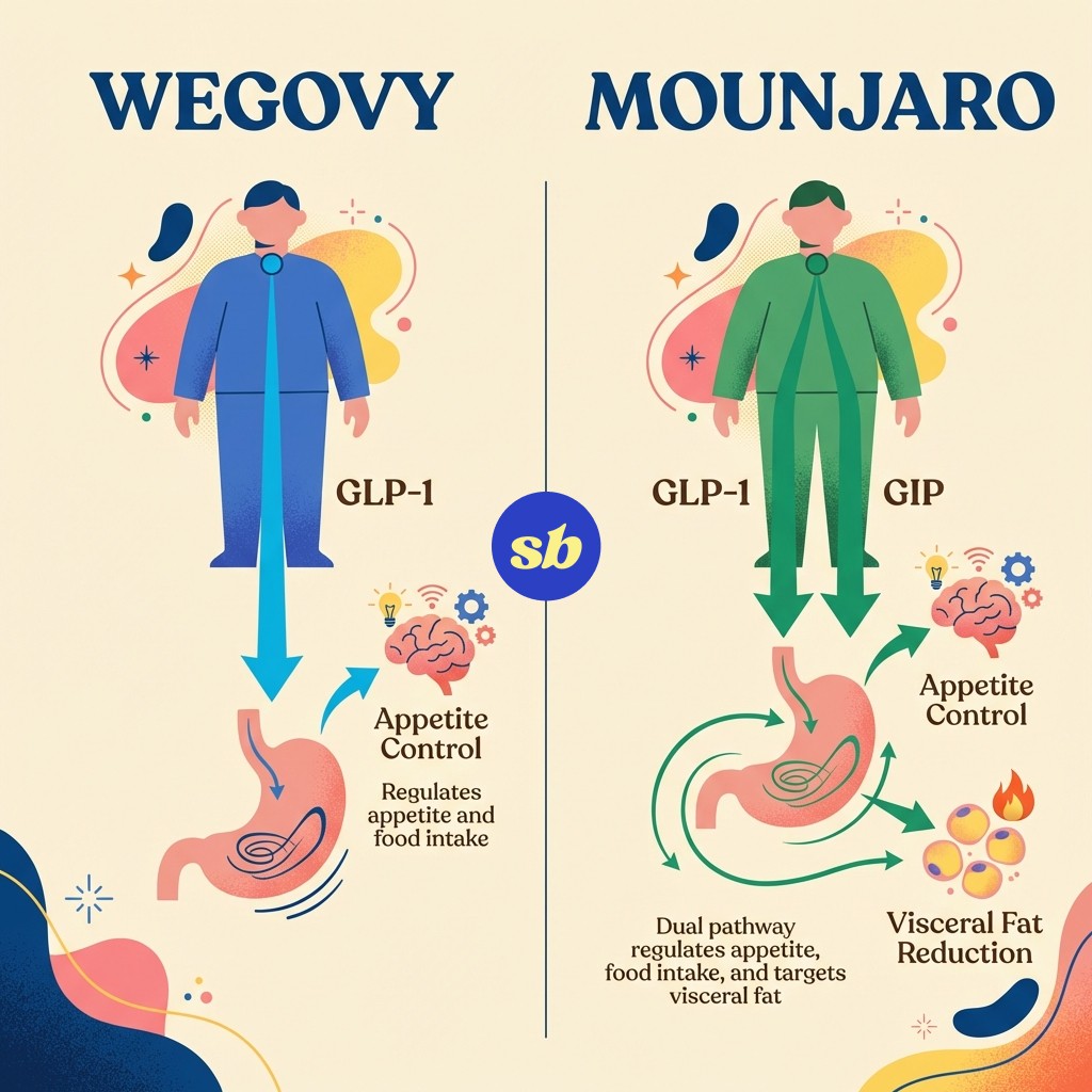 A comparison infographic showing how Wegovy targets one hormone pathway (GLP-1) while Mounjaro targets two pathways (GLP-1 and GIP), with icons representing appetite control, stomach, and insulin regulation.