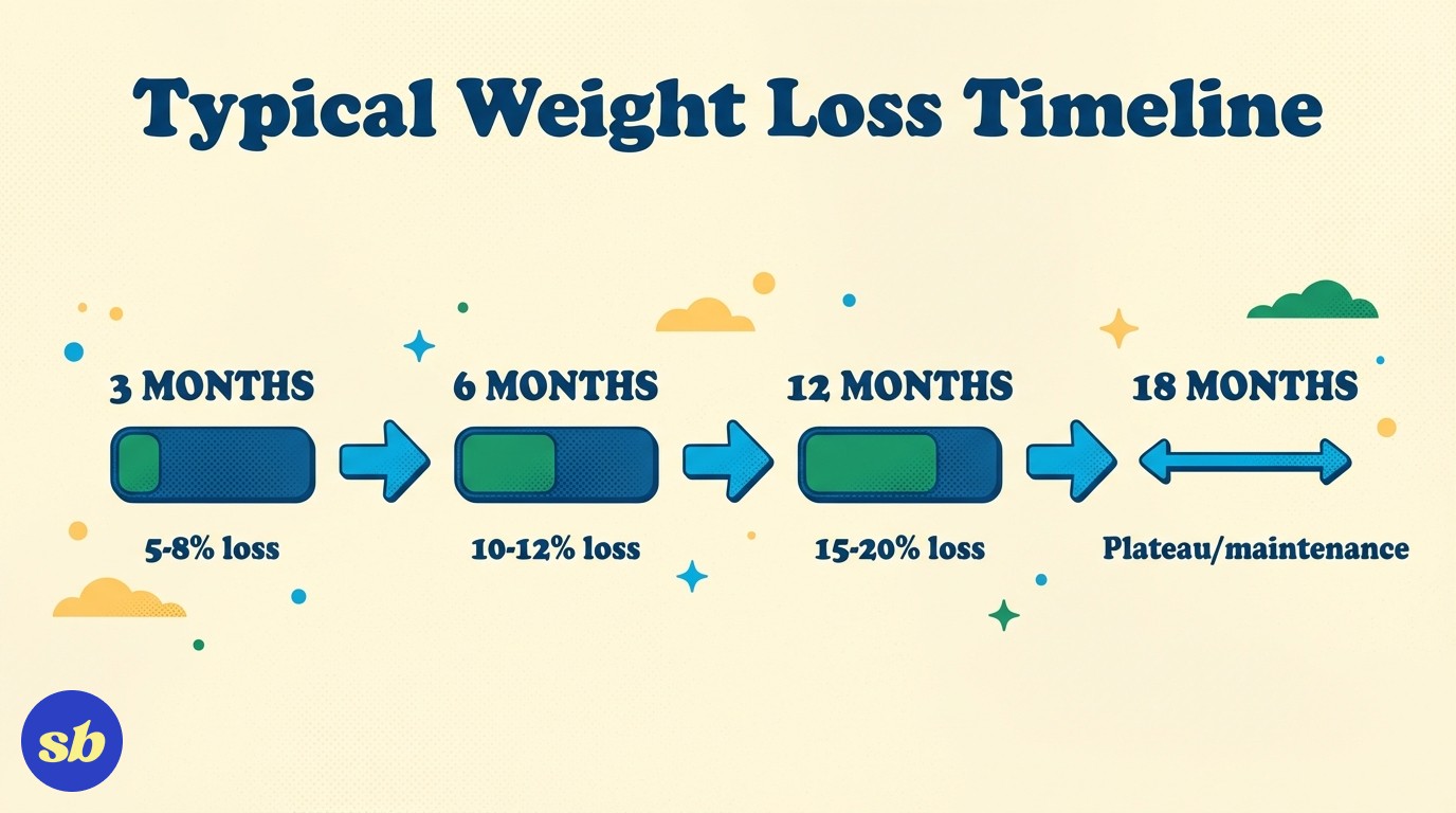 A process diagram showing typical weight loss progression over 18 months, with milestone markers at 3 months (5-8%), 6 months (10-12%), 12 months (15-20%), and 18 months (plateau).