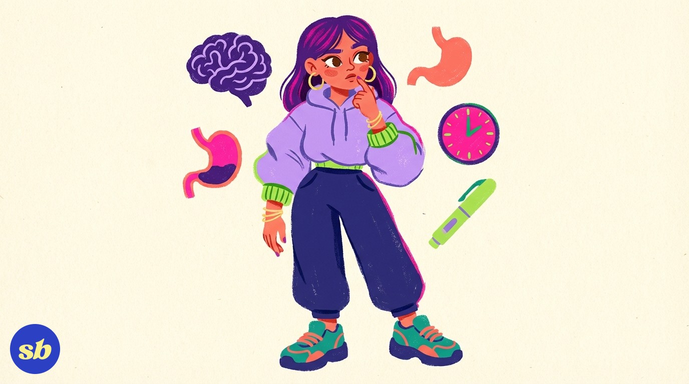 A person standing calmly with a thoughtful expression, surrounded by floating icons representing a brain, a stomach, a clock, and a medication pen, illustrating how the body readjusts after stopping Mounjaro.