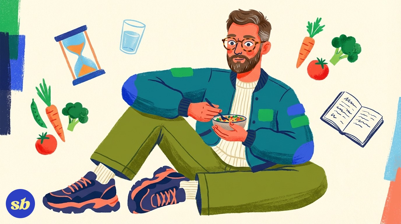 A person sitting cross-legged with a calm expression, holding a small plate of food, surrounded by icons for a timer, a water glass, vegetables, and a notebook, illustrating mindful eating strategies.