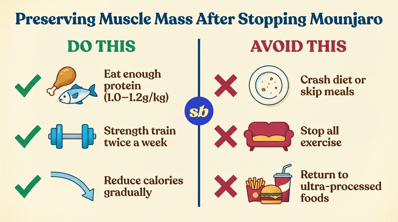 A comparison infographic showing habits that preserve muscle mass versus habits that lead to muscle loss after stopping weight loss medication, with icons for protein, strength training, and gradual calorie changes on the positive side.