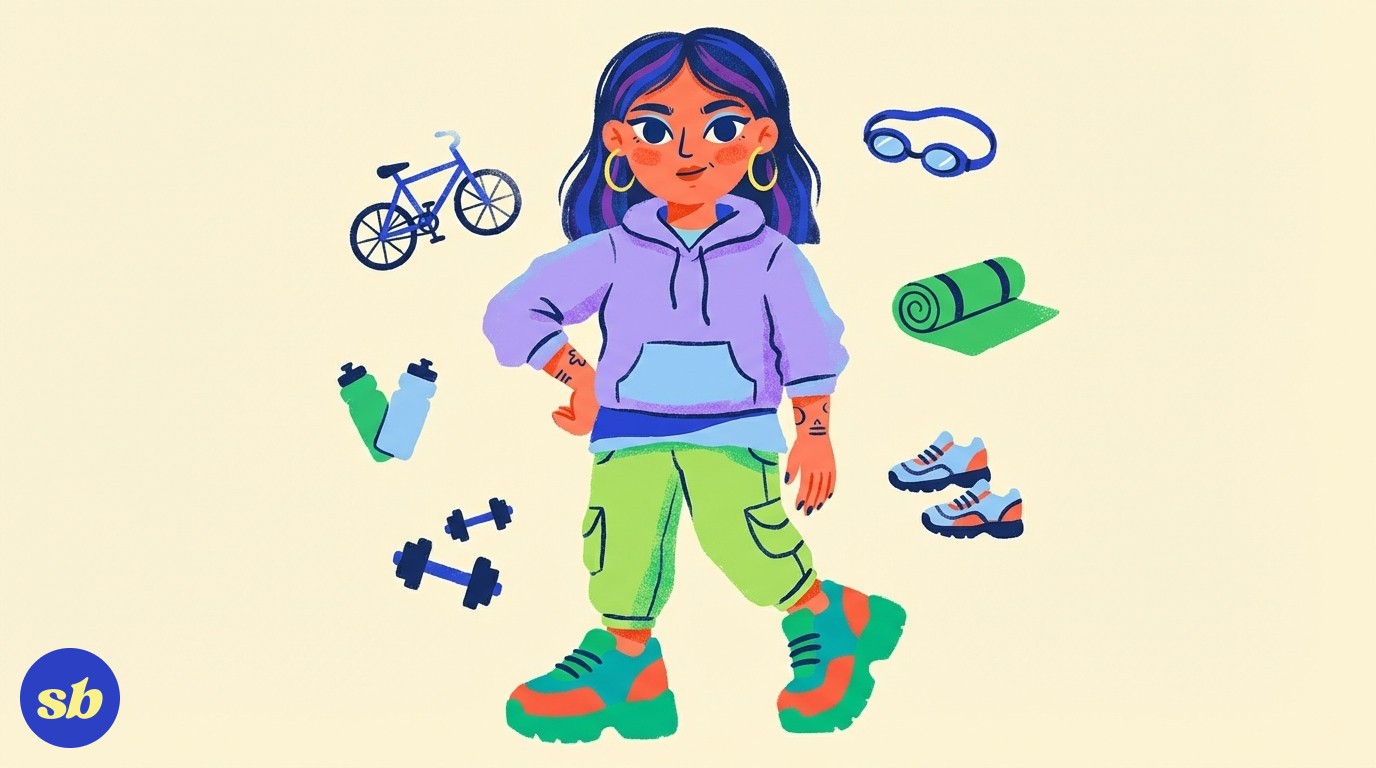 A person in bold streetwear standing relaxed with small icons of different exercise types floating nearby — a bicycle, swimming goggles, yoga mat, dumbbells, and walking trainers.