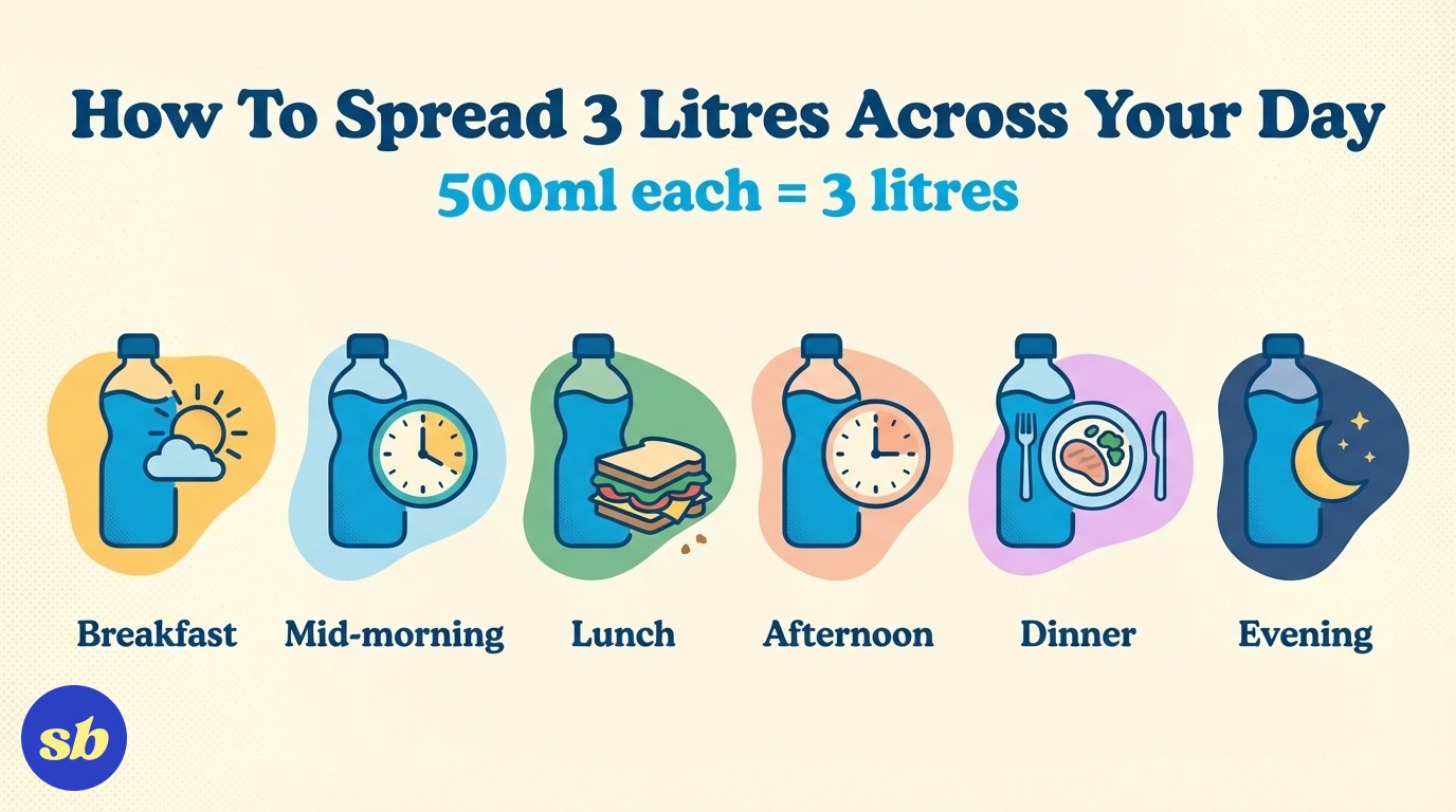 An infographic showing six water bottles spread across the day with labels for when to drink each one: breakfast, mid-morning, lunch, mid-afternoon, dinner, and evening.