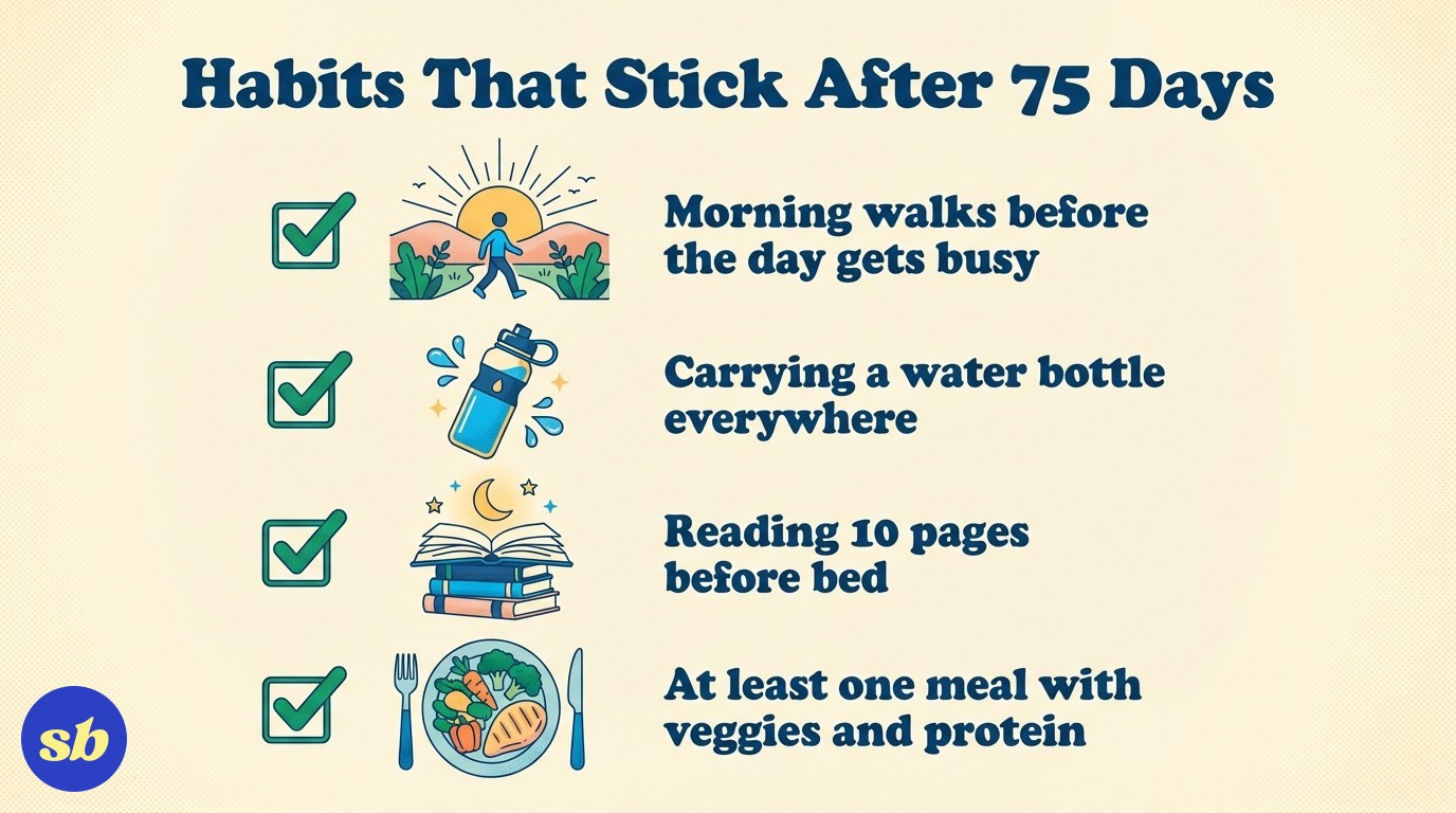 A checklist infographic showing four habits that stick after the challenge: morning walks, carrying a water bottle, reading before bed, and meals with vegetables and protein.