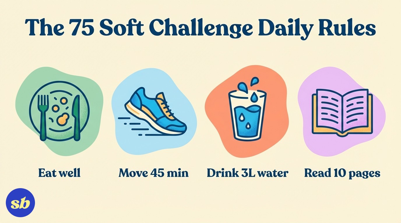 An infographic showing the four daily rules of the 75 Soft Challenge: eat well, exercise 45 minutes, drink 3 litres of water, and read 10 pages, each with a simple icon and label.