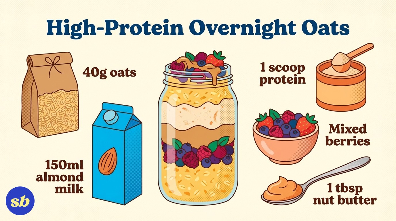 A recipe card showing overnight oats ingredients: a jar of oats layered with almond milk, berries, protein powder, and a spoonful of nut butter, with labels for each ingredient.