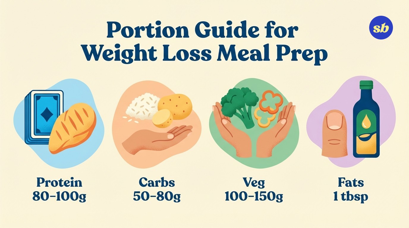 A four-icon infographic showing visual portion guides: a deck of cards for protein, a cupped hand for carbohydrates, two cupped hands for vegetables, and a thumb tip for fats.