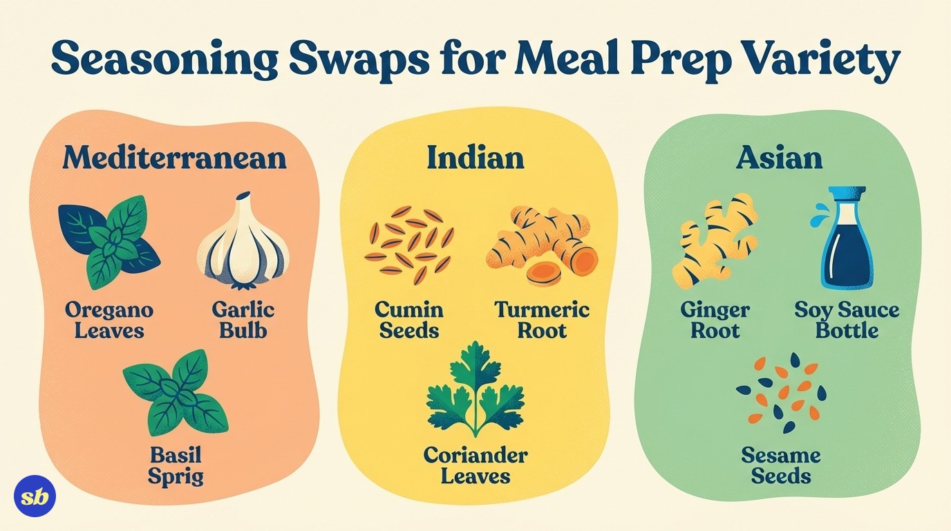 A three-column infographic showing seasoning rotations for meal prep variety: Mediterranean herbs, Indian spices, and Asian flavours, each with illustrated icons for the key ingredients.