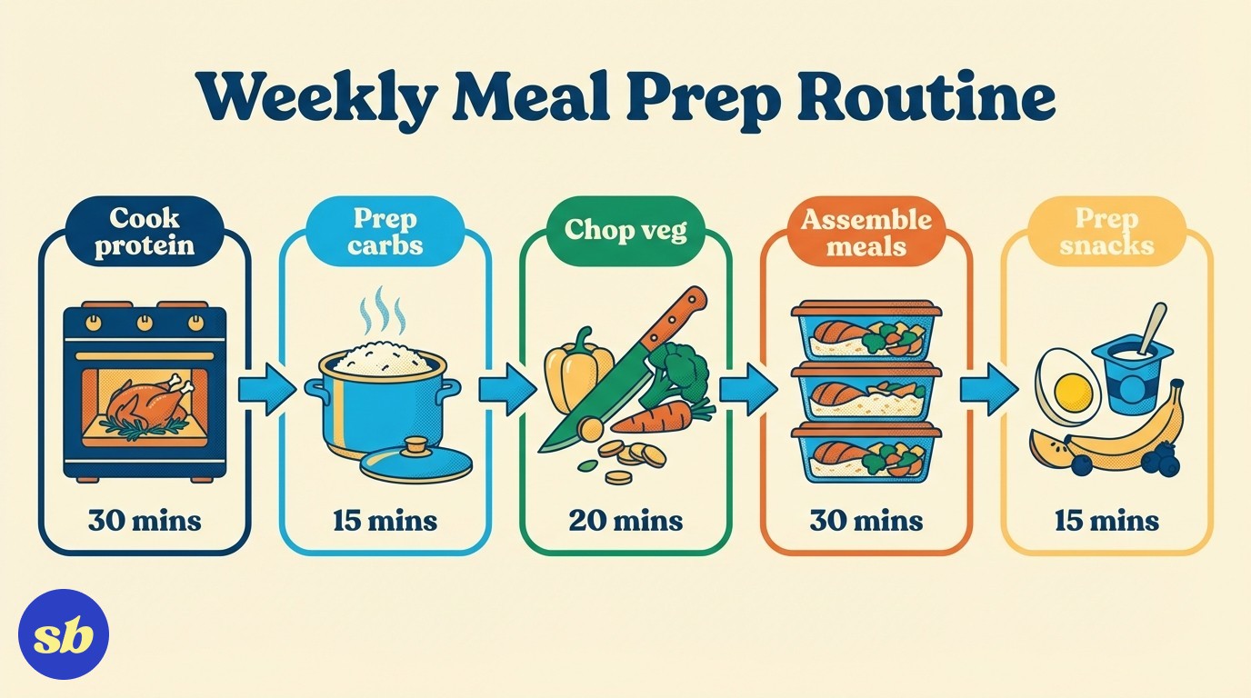 A five-step process diagram showing the weekly meal prep routine: cook protein, prepare carbs, chop vegetables, assemble meals, and prep snacks, with time estimates for each step.
