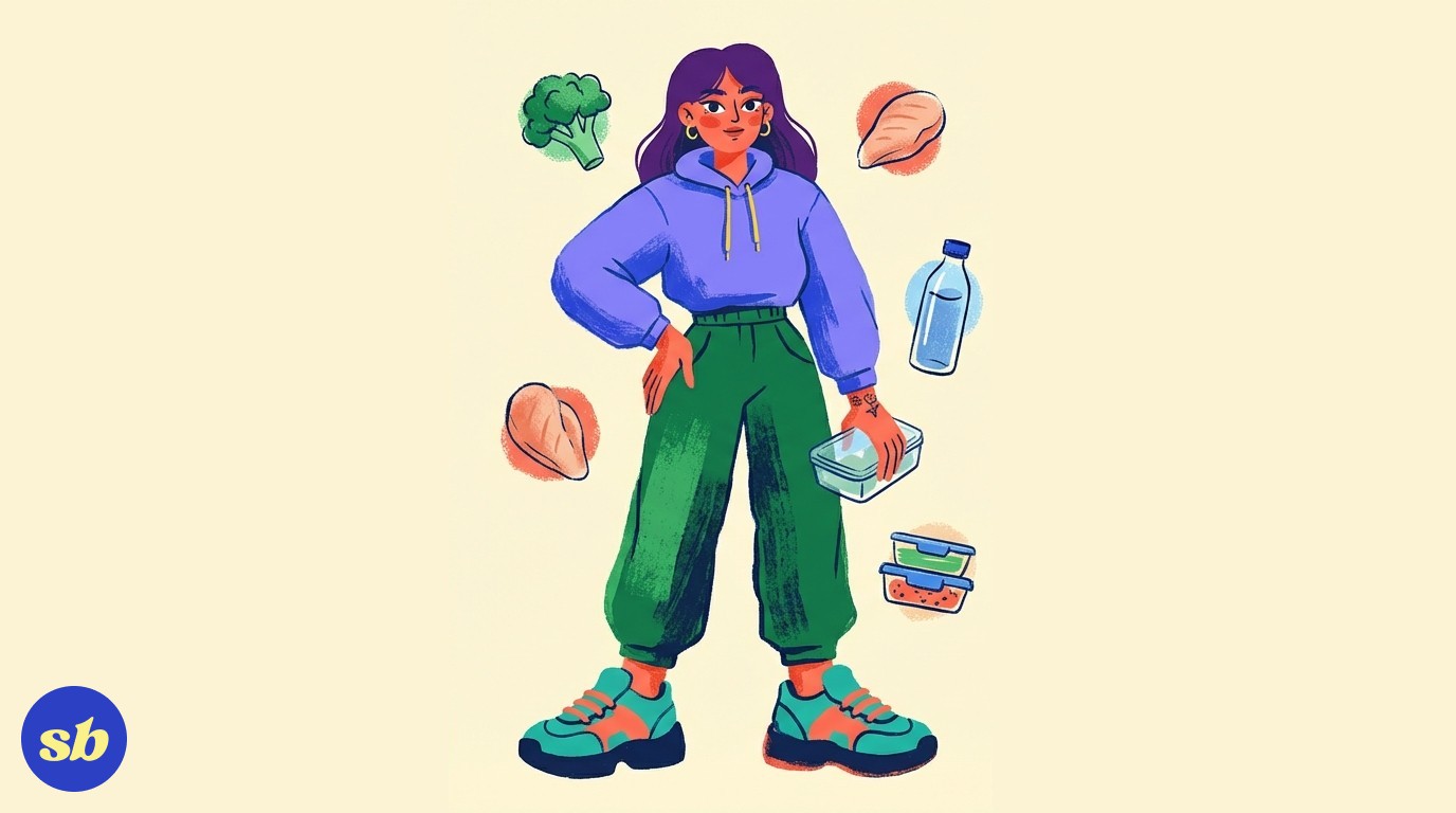 A person in casual streetwear standing thoughtfully with small meal prep containers, a protein shaker, and fresh vegetables floating nearby.