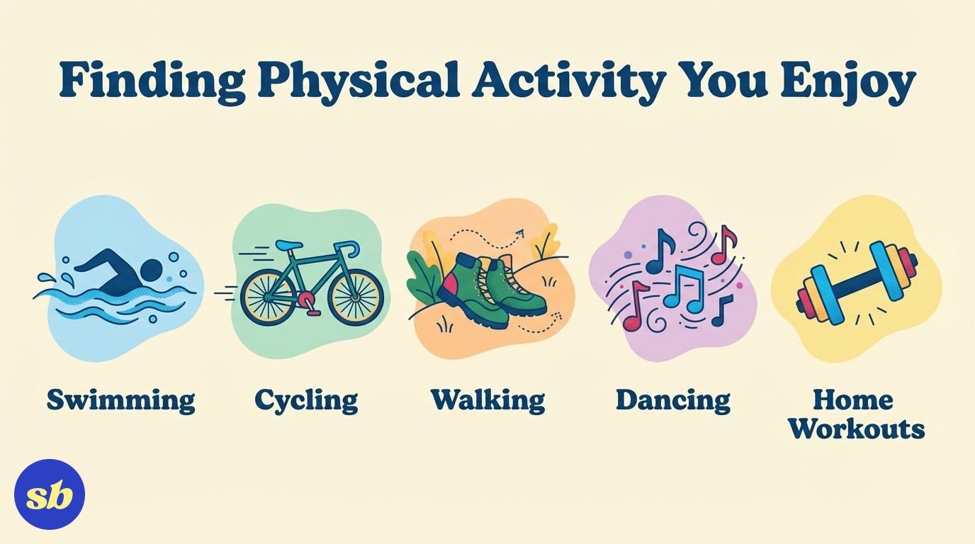 An infographic showing five enjoyable exercise options: swimming, cycling, walking, dancing, and home workouts, each with an icon and label.