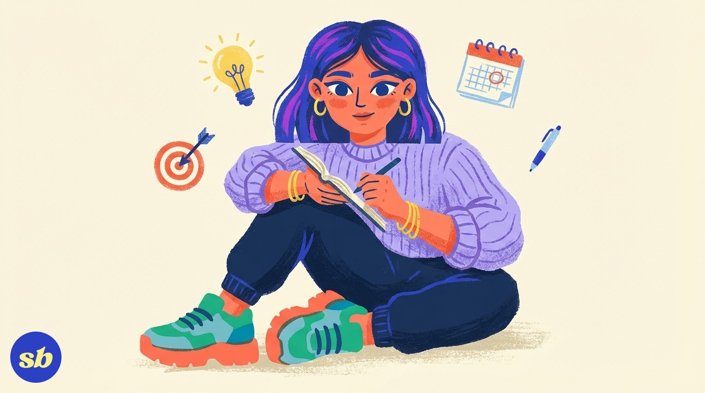 A person sitting cross-legged writing in a journal, with small floating icons of a lightbulb, a target, and a calendar nearby.