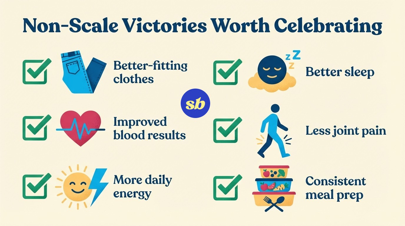A checklist infographic listing six non-scale victories: better-fitting clothes, improved blood results, more daily energy, better sleep, less joint pain, and consistent meal prep.