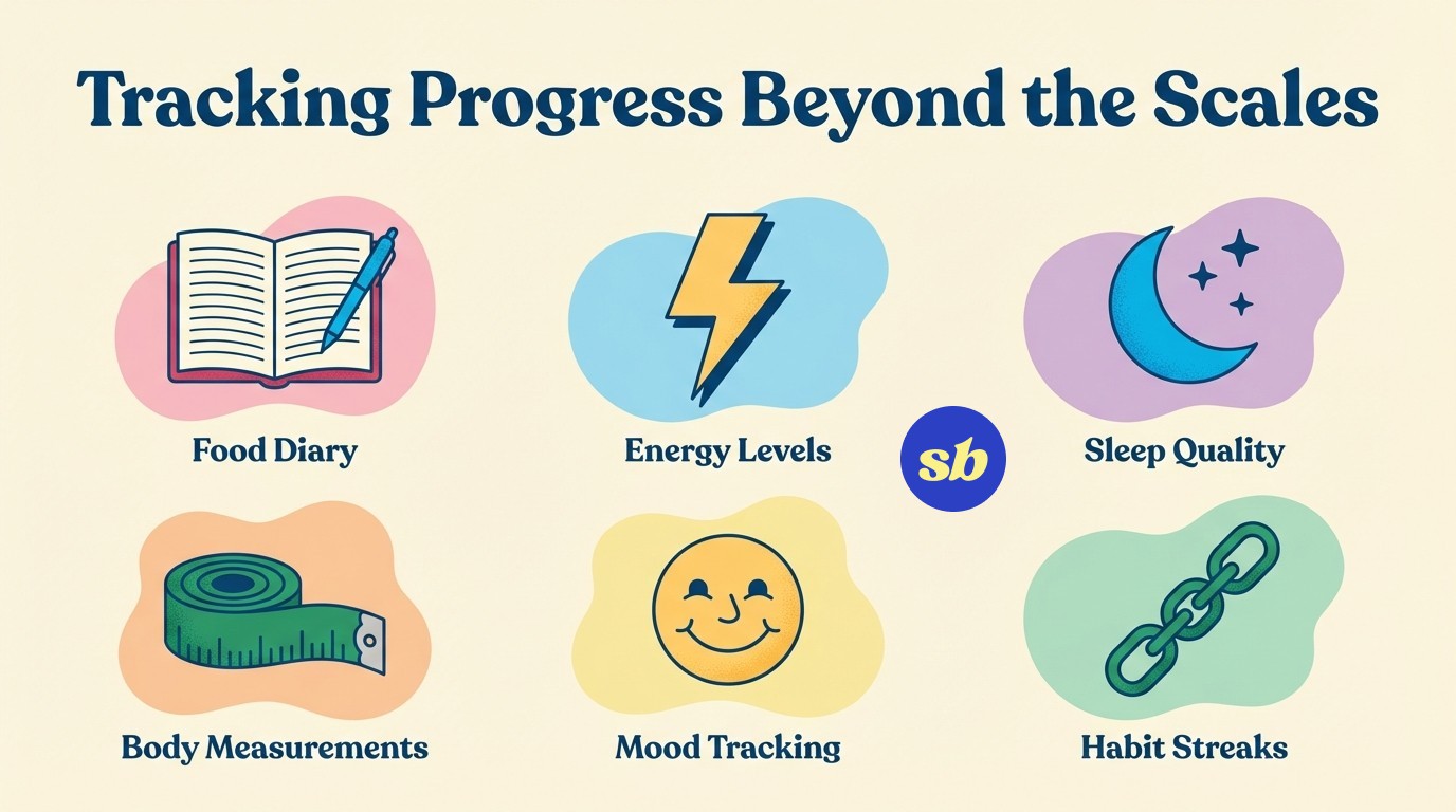 A six-item infographic showing ways to track weight loss progress beyond the scales: food diary, energy levels, sleep quality, body measurements, mood, and habit streaks.