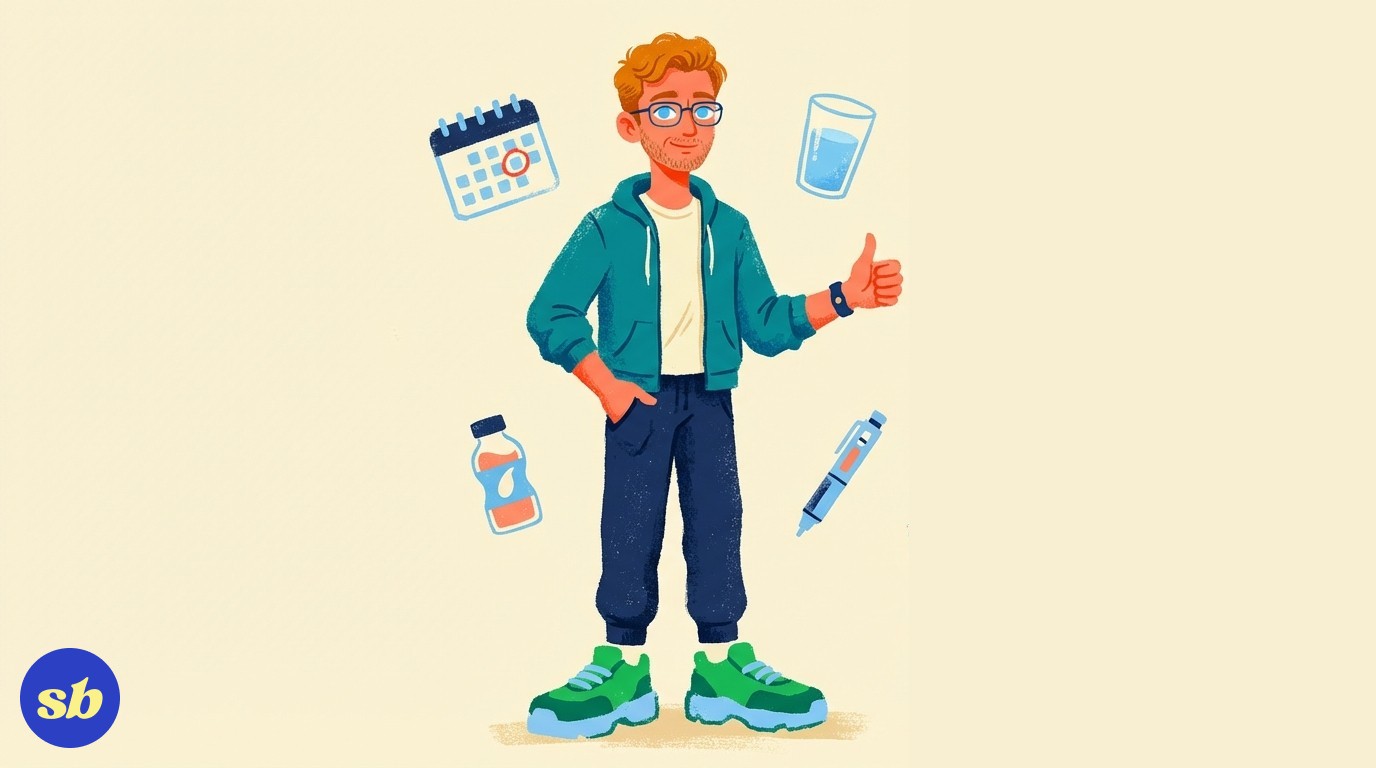 A person standing calmly with a reassuring expression, with small floating icons of a calendar, a water glass, a protein shake, and a medication pen nearby.